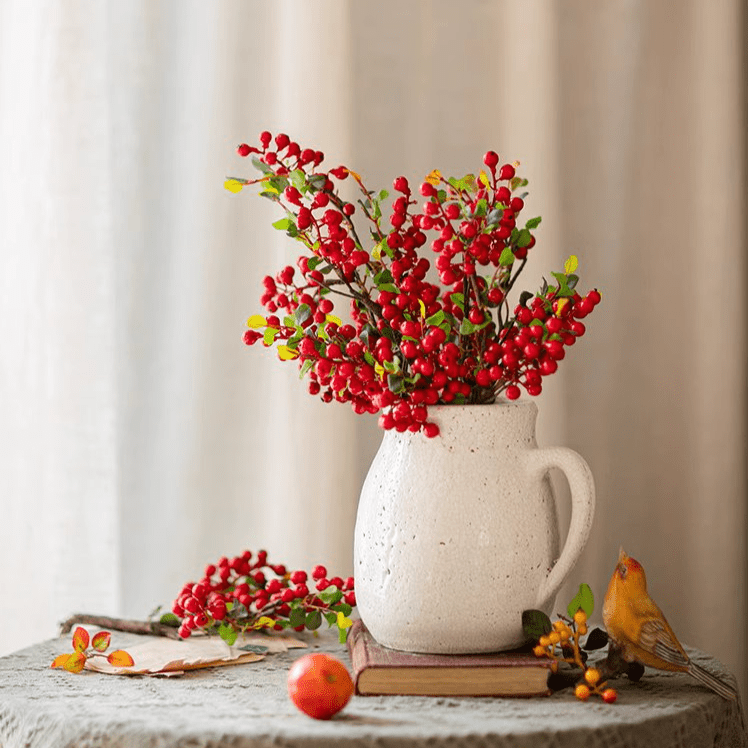 Artificial Berry Stem in Red 17in Tall Silk Plant by RusticReach red berries and leaves on Tampa Home & Garden Store