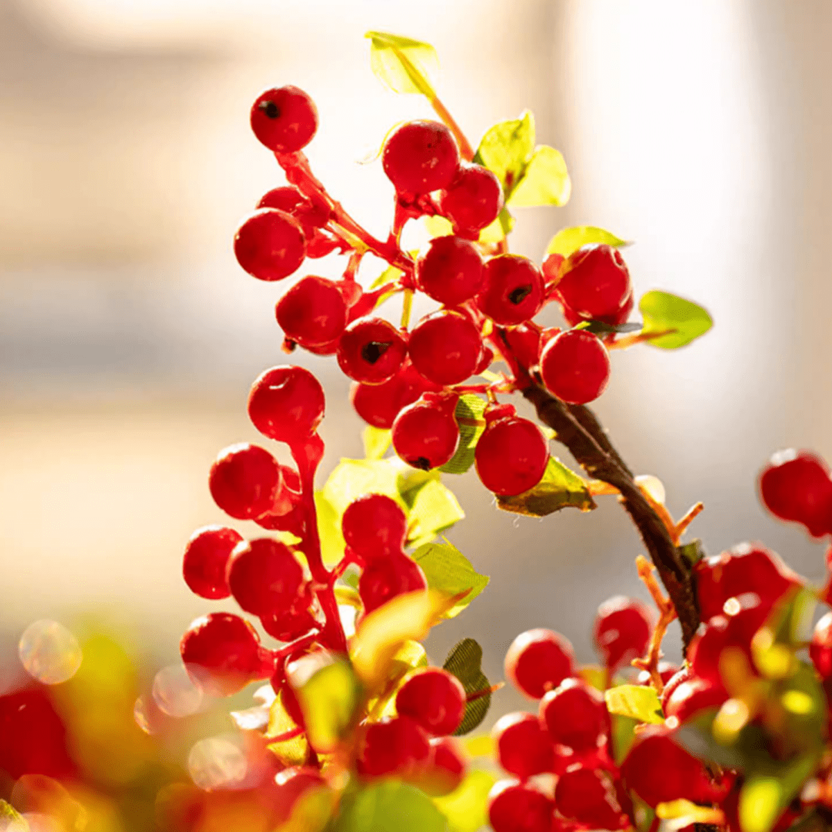Artificial berry stem in red on 17-inch Silk Plant by RusticReach red berries and green leaves on Tampa Home & Garden Store