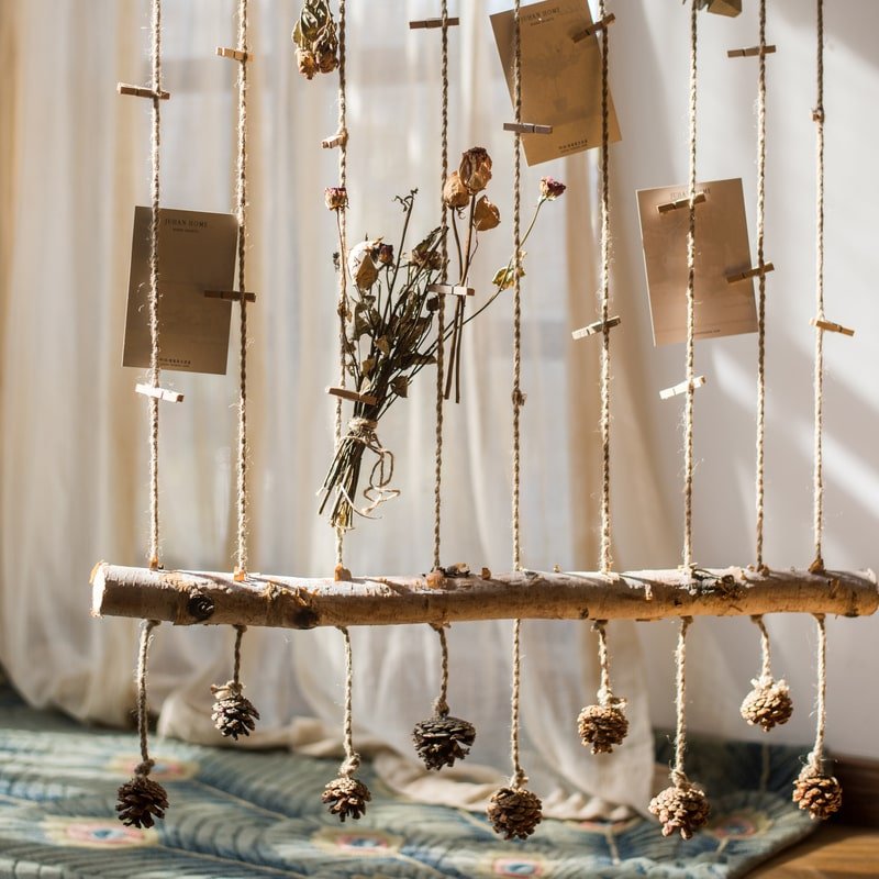 Birch Wood Photo Wall Hanger RusticReach with twine ropes, cards and pinecone accents on Tampa Home & Garden Store