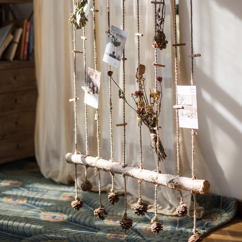 Birch Wood Photo Wall Hanger by RusticReach; natural birch wood with rope strands and pinecone accents on Tampa Home & Garden Store