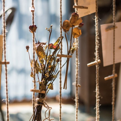 Birch Wood Photo Wall Hanger with natural finish, twine ropes and clothespins, dried flowers on Tampa Home & Garden Store