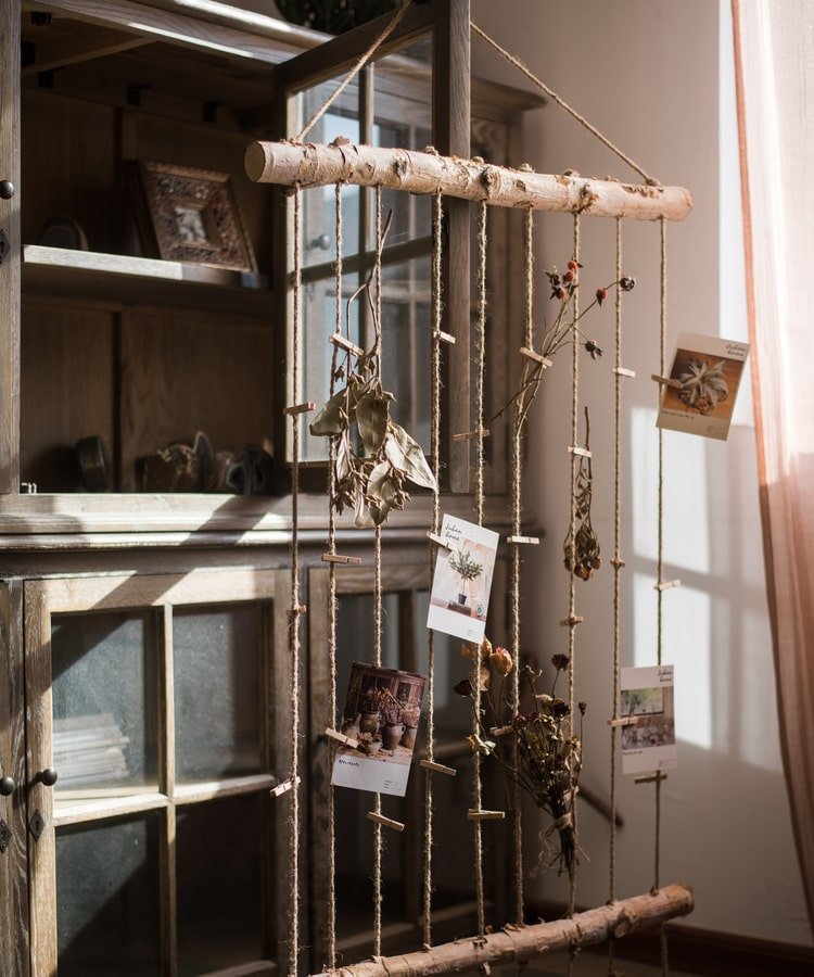 Birch Wood Photo Wall Hanger by RusticReach with natural twine cords and clothespin clips on Tampa Home & Garden Store