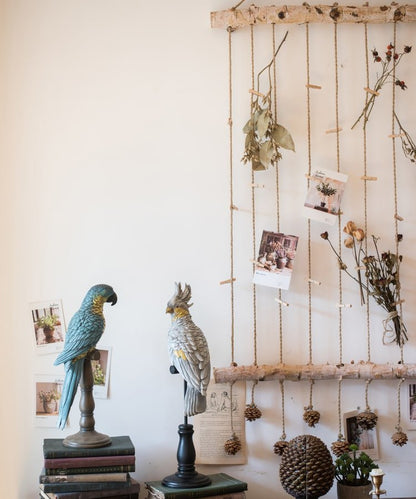 Birch Wood Photo Wall Hanger by RusticReach with rope strands and clips, decor birds nearby on Tampa Home & Garden Store