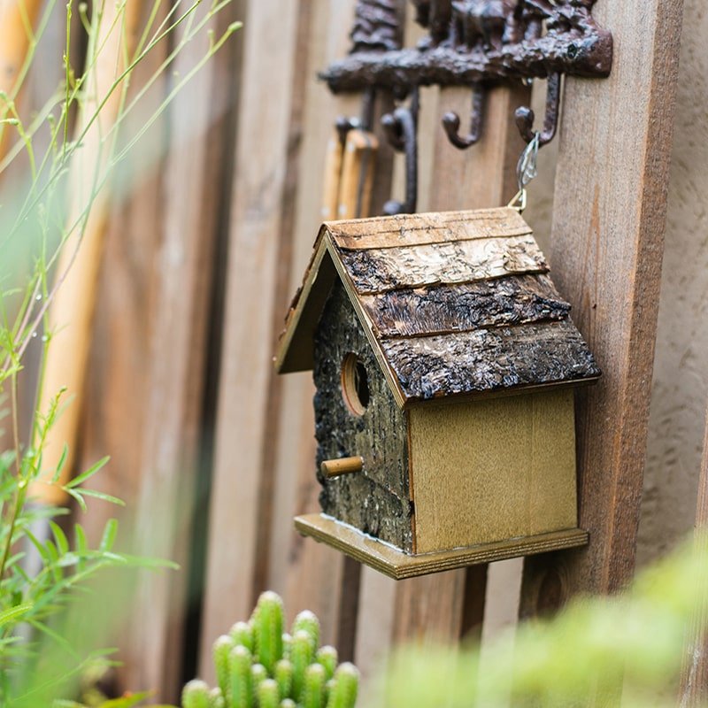 Birch Wood Decorative Bird House RusticReach, natural wood finish with bark roof on Tampa Home & Garden Store