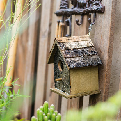 Birch Wood Decorative Bird House RusticReach, natural wood finish with bark roof on Tampa Home & Garden Store