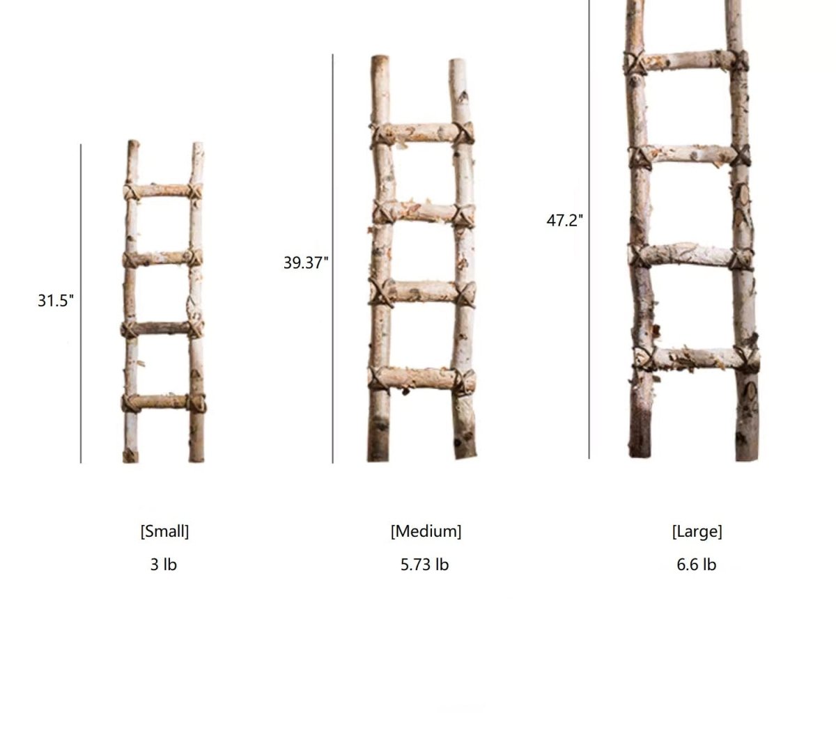 White Birch Wood Decorative Ladder set of three RusticReach ladders in small medium large sizes on Tampa Home & Garden Store