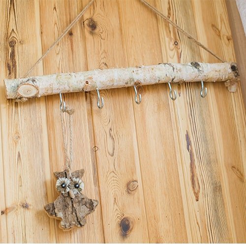 Birch Wood Craft Wall Hanger with five metal hooks on a birch log, rope, bark owl ornament on Tampa Home & Garden Store