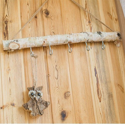 Birch Wood Craft Wall Hanger with five metal hooks on a birch log, rope, bark owl ornament on Tampa Home & Garden Store