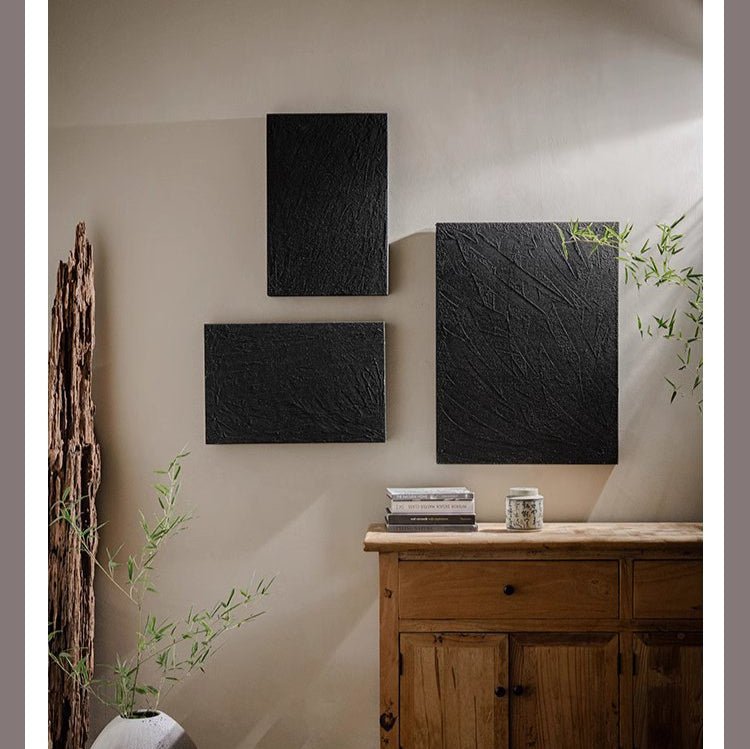 Black Textured Wall Art set of three canvases by RusticReach on beige wall on Tampa Home & Garden Store