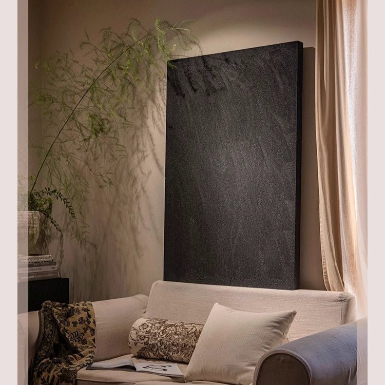 Black Textured Wall Art by RusticReach, tall vertical panel above beige sofa in living room on Tampa Home & Garden Store