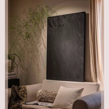 Black Textured Wall Art by RusticReach, tall vertical panel above beige sofa in living room on Tampa Home & Garden Store