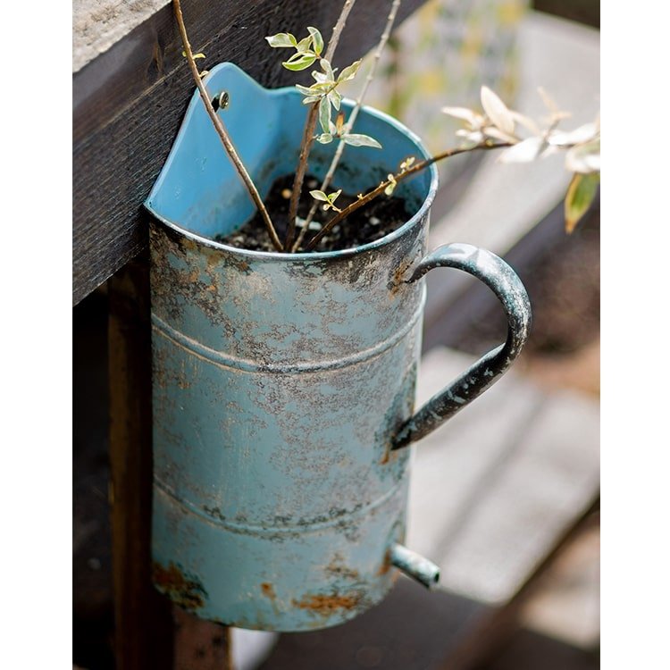 Rustic blue iron flower pot with handle, weathered metal planter on Tampa Home & Garden Store