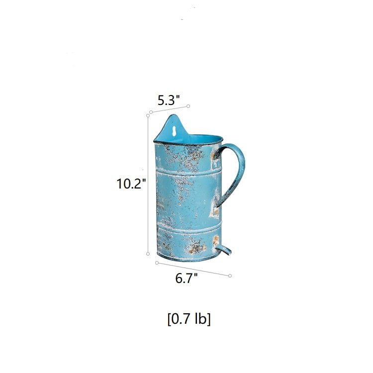 Rustic blue iron flower pot with handle, distressed metal finish by RusticReach on Tampa Home & Garden Store