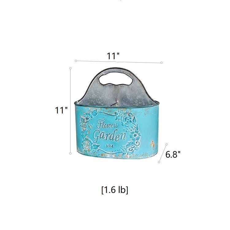 Blue metal basket tool organizer by RusticReach with turquoise floral embossed design on Tampa Home & Garden Store
