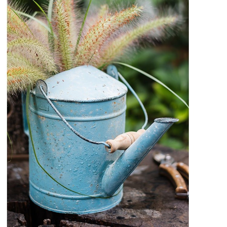 Blue metal rustic watering can with wooden handle and curved spout droplets on surface on Tampa Home & Garden Store