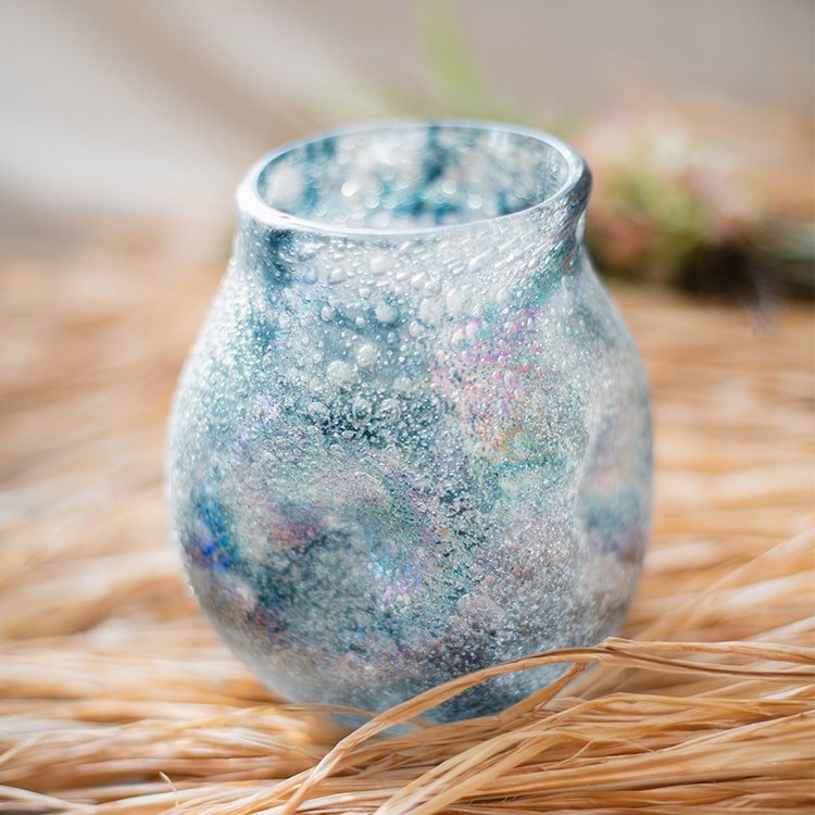 Blue bubble hand-blown glass vase by RusticReach with iridescent textured finish on Tampa Home & Garden Store
