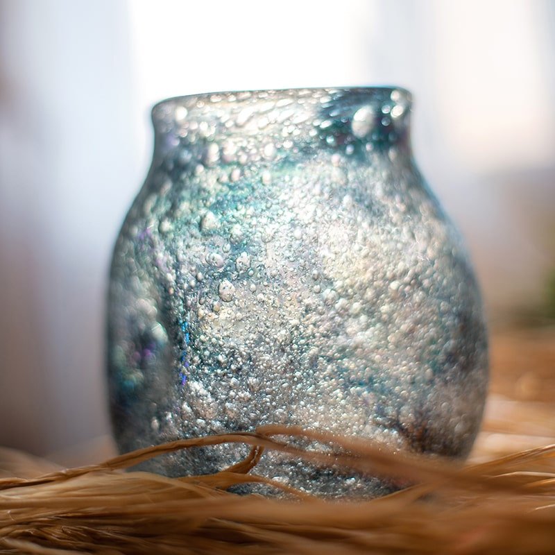 Blue bubble hand blown glass vase by RusticReach with a textured bubbly surface on Tampa Home & Garden Store