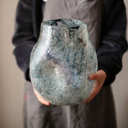 Blue Bubble Hand Blown Glass Vase by RusticReach, rounded body with speckled blue glaze on Tampa Home & Garden Store