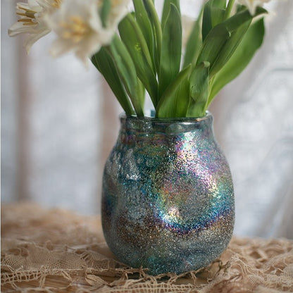Blue bubble hand blown glass vase by RusticReach with iridescent finish on Tampa Home & Garden Store