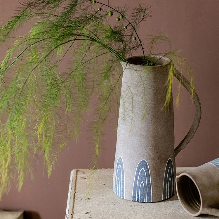 Blue handpainted terracotta vase jar with curved handle and blue arch motif RusticReach on Tampa Home & Garden Store