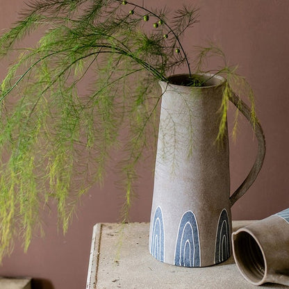 Blue handpainted terracotta vase jar with curved handle and blue arch motif RusticReach on Tampa Home & Garden Store