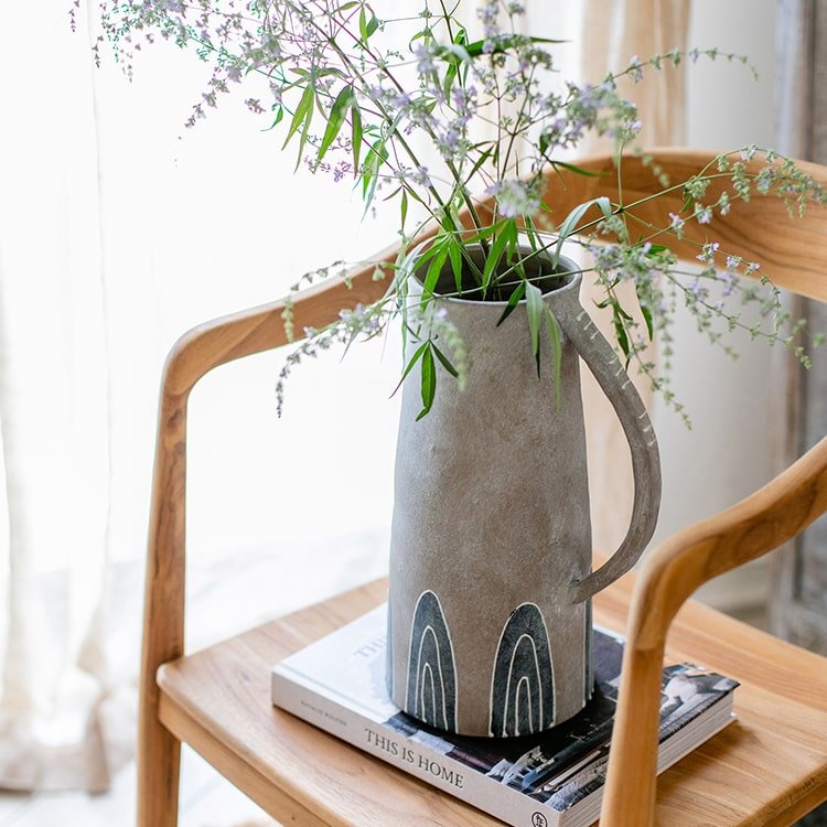 Blue Handpainted Terracotta Vase Jar with curved handle and blue arches by RusticReach on Tampa Home & Garden Store