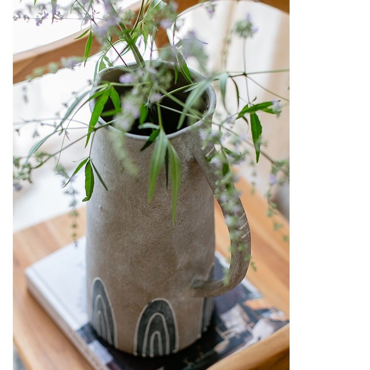 Blue handpainted terracotta vase jar by RusticReach, tall jug with handle filled with greenery on Tampa Home & Garden Store