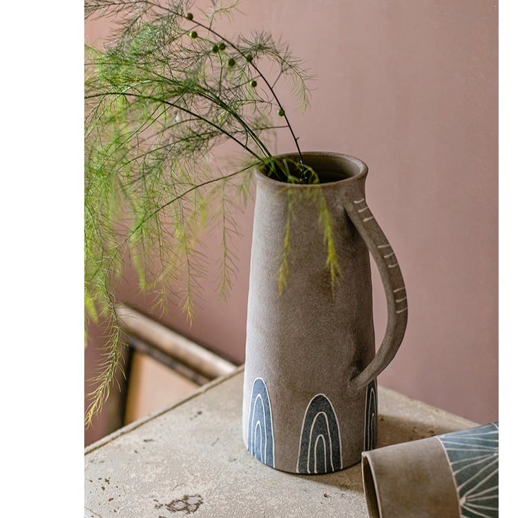 Blue handpainted terracotta vase jar with a tall body, curved handle, and arc motif at base on Tampa Home & Garden Store