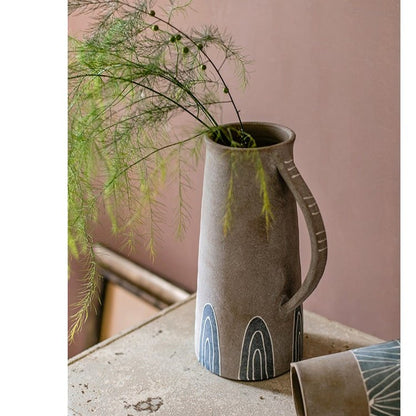 Blue handpainted terracotta vase jar with a tall body, curved handle, and arc motif at base on Tampa Home & Garden Store