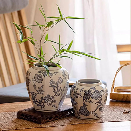 Blue and White Porcelain Floral Vase RusticReach; two vases with greenery on a wooden tray on Tampa Home & Garden Store
