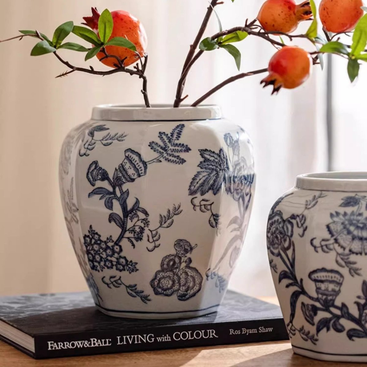 Two blue and white porcelain floral vases by RusticReach featuring botanical motifs on ceramic on Tampa Home & Garden Store