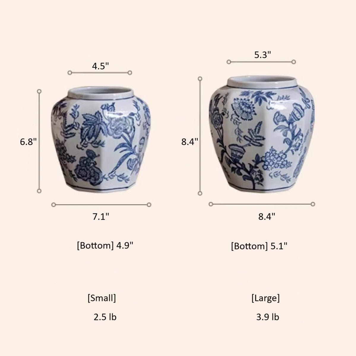 Blue and white porcelain floral vase by RusticReach, two sizes shown (small and large) on Tampa Home & Garden Store