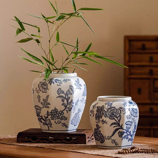 Blue and white porcelain floral vases set of two by RusticReach; plant vase with bamboo stems on Tampa Home & Garden Store