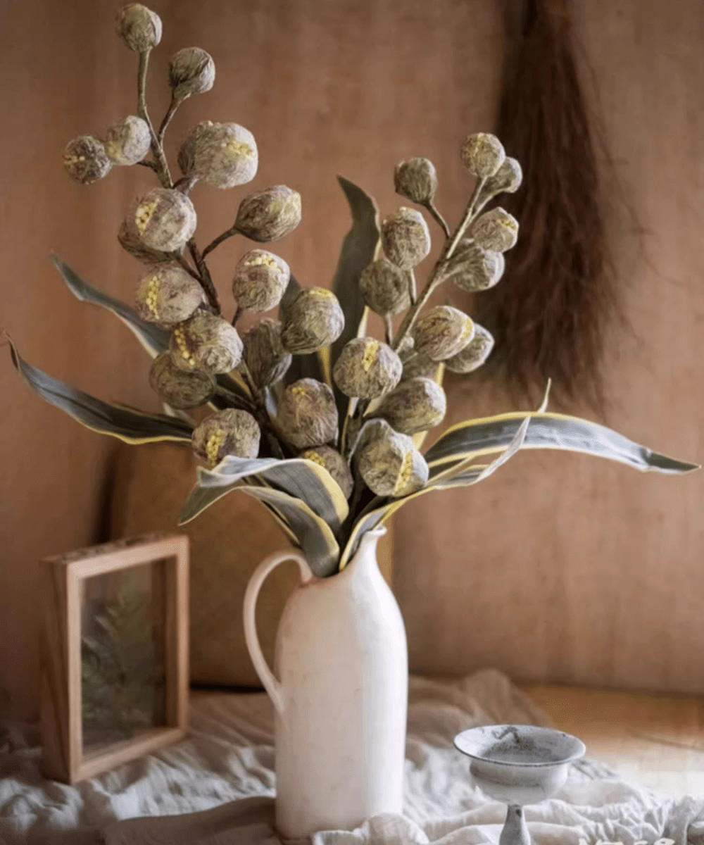 Designer Fruit Bouquet RusticReach in a white pitcher with dried pods and green leaves on Tampa Home & Garden Store