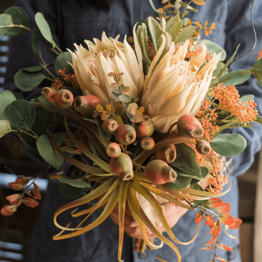 Mountian Oriole Autumn Art King Protea Bouquet by RusticReach with eucalyptus on Tampa Home & Garden Store