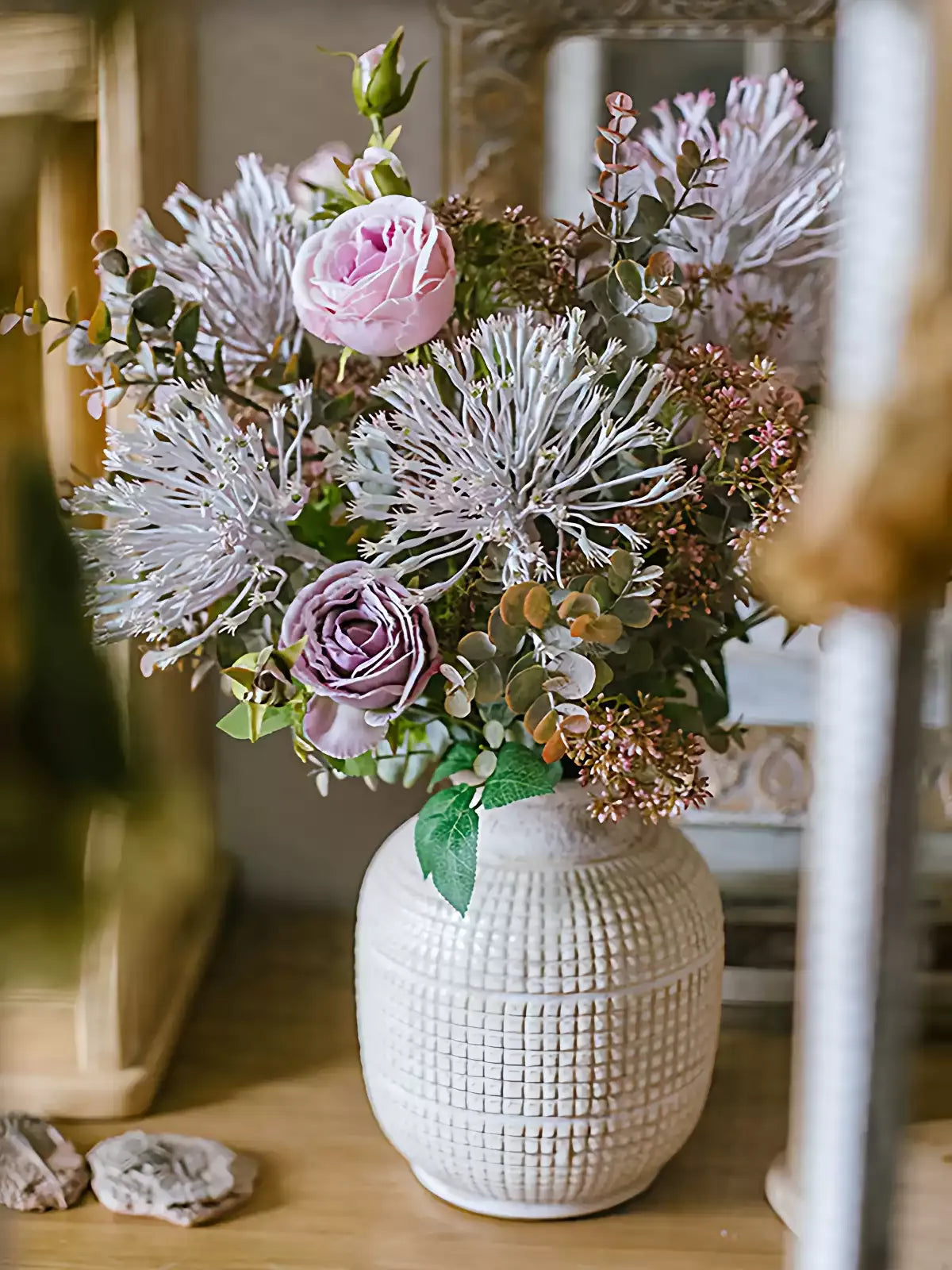 Rustic Lavender Bloom Bouquet artificial bouquet in a white vase with roses by RusticReach on Tampa Home & Garden Store