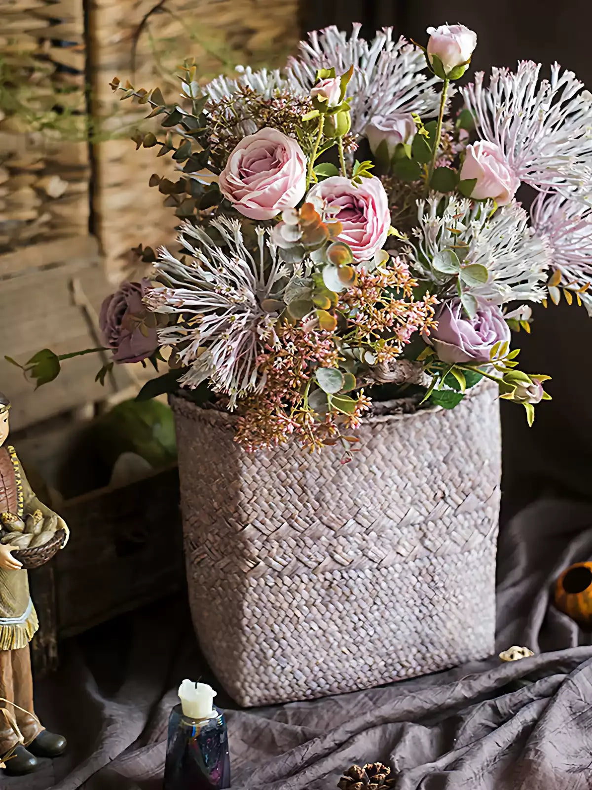 Rustic Lavender Bloom Bouquet by RusticReach in a woven gray basket with pink roses and lavender sprigs on Tampa Home & Garden Store