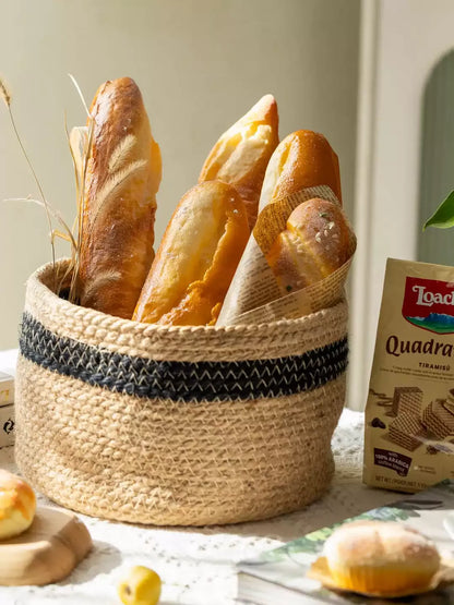 Artificial Bread & Pastry Display Props in a jute basket with black stripe and baguettes on Tampa Home & Garden Store