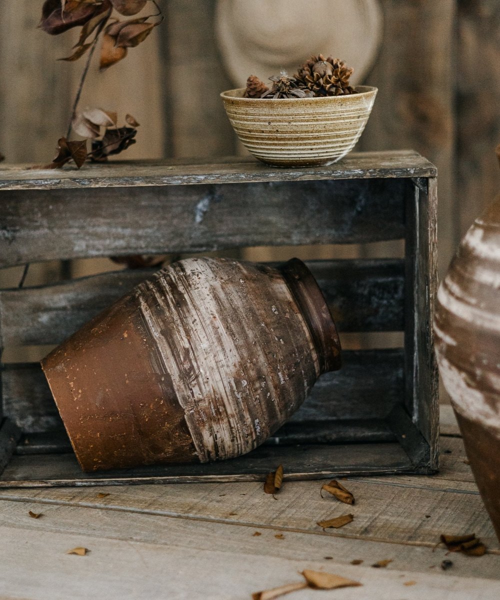 Restoration Brown Clay Pot by RusticReach, weathered brown planter in a rustic crate on Tampa Home & Garden Store