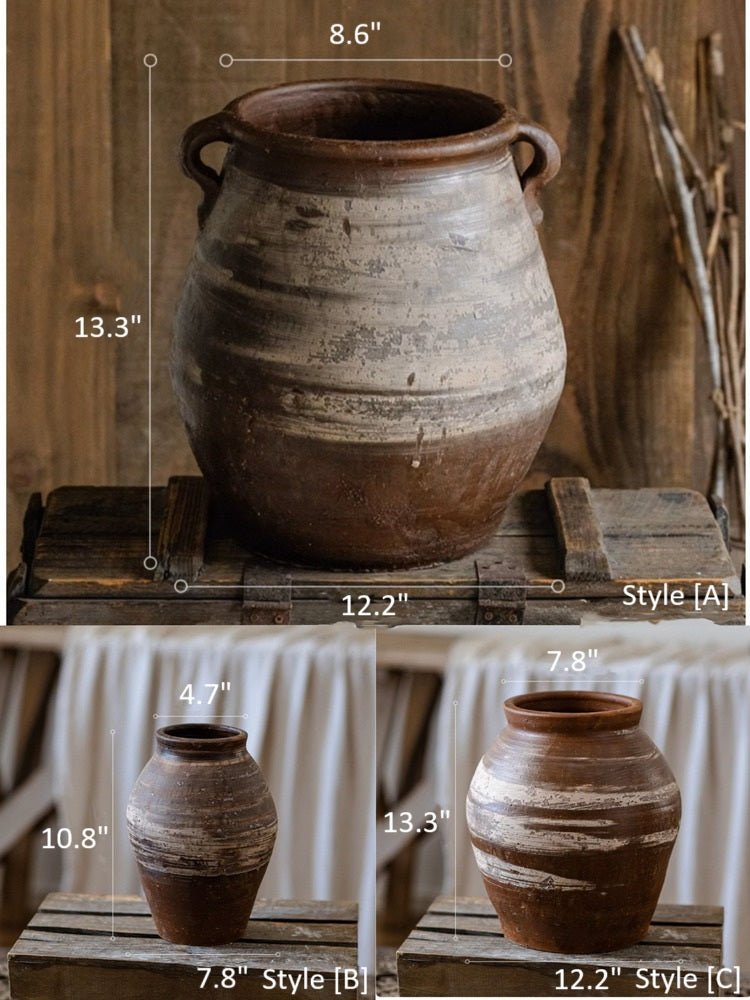Restoration Brown Clay Pot with rustic weathered finish, shown in three styles A, B, and C on Tampa Home & Garden Store