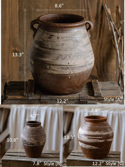 Restoration Brown Clay Pot with rustic weathered finish, shown in three styles A, B, and C on Tampa Home & Garden Store