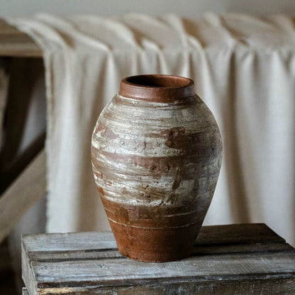 Restoration Brown Clay Pot by RusticReach, weathered terracotta with whitewash patina on Tampa Home & Garden Store