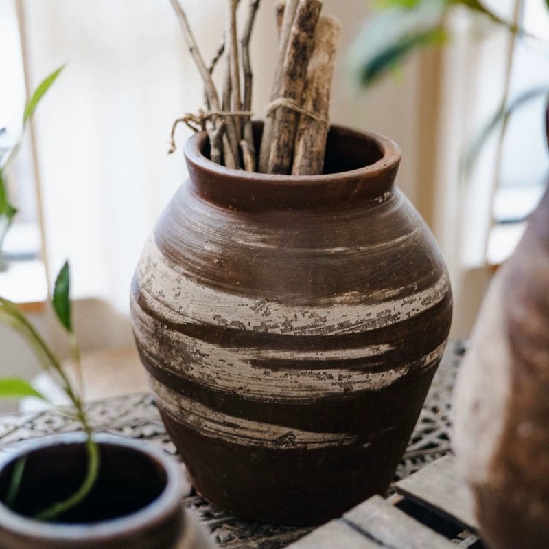 Restoration Brown Clay Pot by RusticReach, brown ceramic planter with weathered white bands on Tampa Home & Garden Store