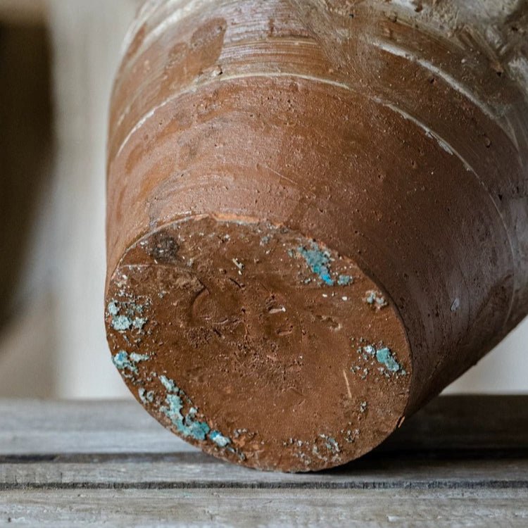 Restoration Brown Clay Pot RusticReach, worn brown clay with turquoise patina on Tampa Home & Garden Store
