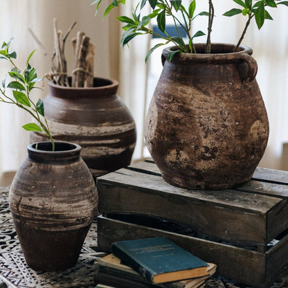 Restoration Brown Clay Pot set of 3 by RusticReach; weathered ceramic planters with greenery on Tampa Home & Garden Store