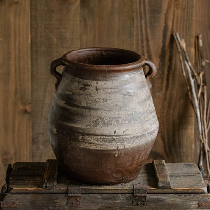 Restoration Brown Clay Pot by RusticReach with weathered finish and dual handles on wood on Tampa Home & Garden Store