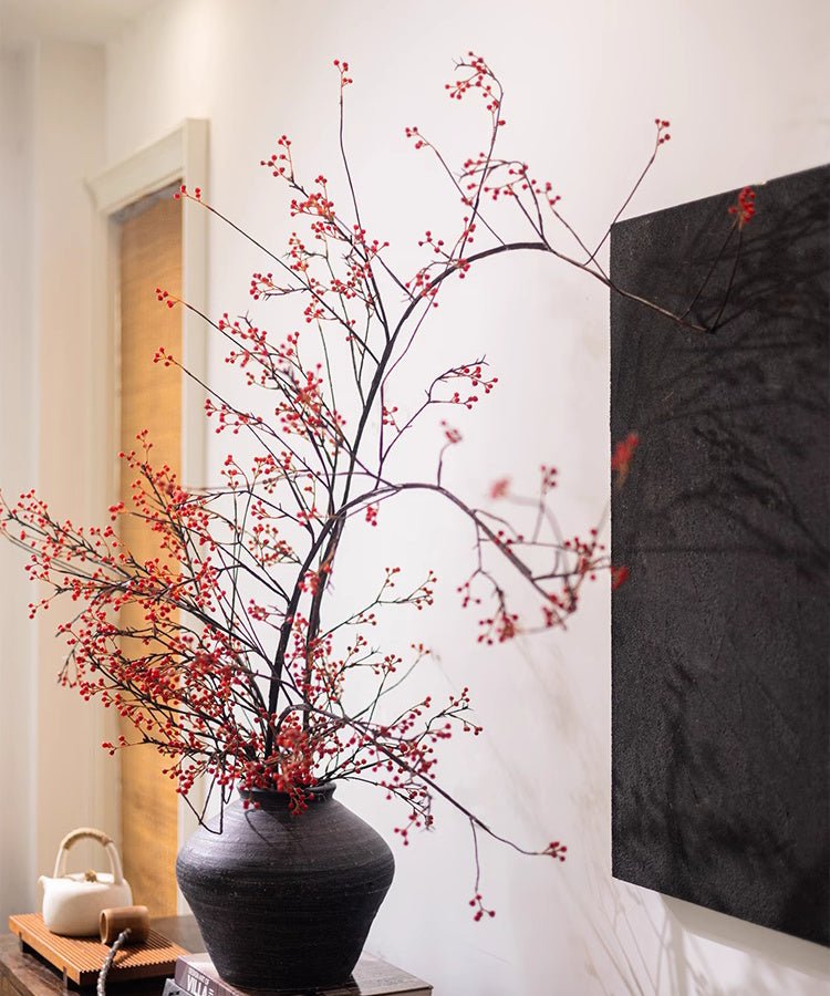 Rustic Berries on Tall Branch artificial plant in black vase with red berry branches RusticReach on Tampa Home & Garden Store