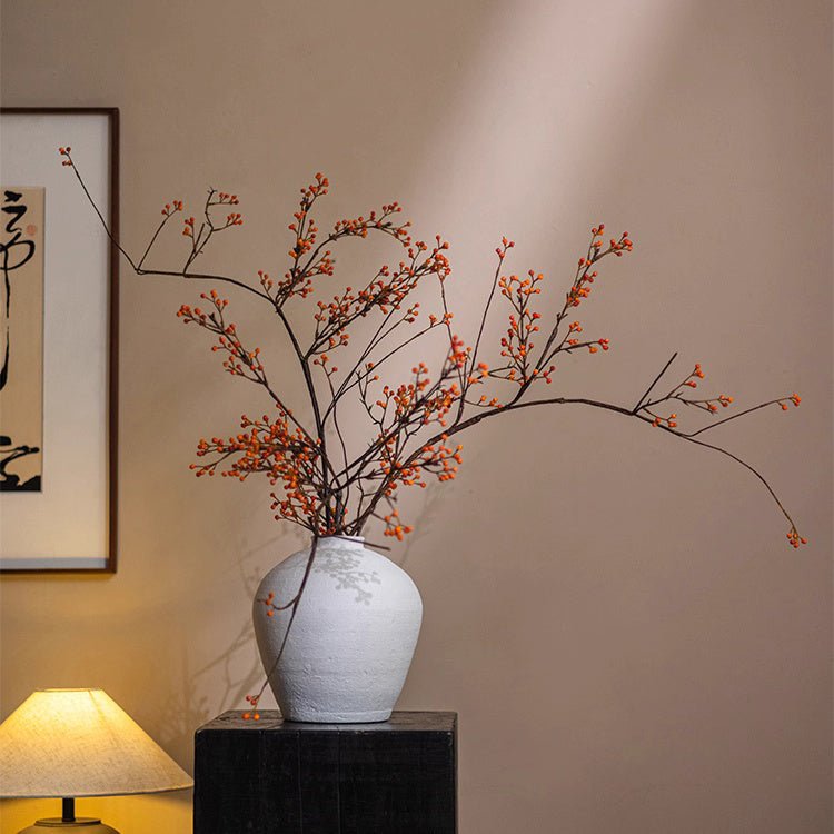 Rustic Berries on Tall Branch artificial plant in white ceramic vase with orange berries on Tampa Home & Garden Store