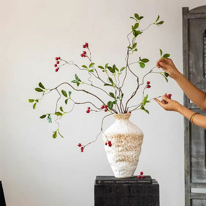 Faux Berry Leaf Branch Stem 45.2in tall with green leaves and red berries in a rustic vase on Tampa Home & Garden Store