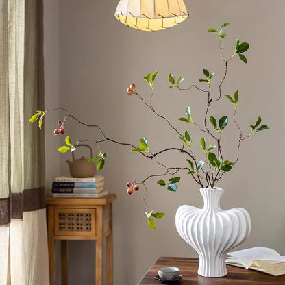 Faux Berry Leaf Branch Stem 45.2" tall in white ribbed vase with green leaves and red berries RusticReach artificial non-flowering plant on Tampa Home & Garden Store